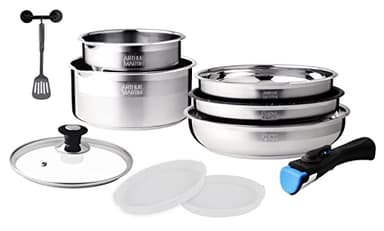 Arthur Martin AM0025 Batterie de cuisine amovible 10 pièces Acier Inoxydable Casserole avec bec verseur Poignée amovible tous feux dont induction