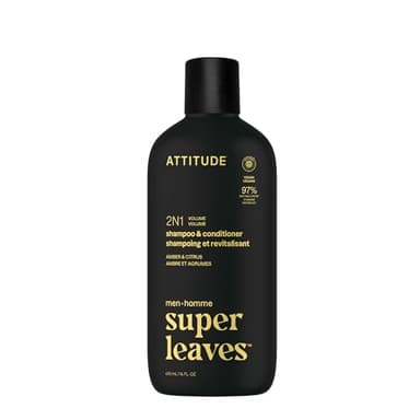 ATTITUDE Shampooing & Après-Shampooing 2 en 1 pour Homme, Volume, Cheveux Fins, Ingrédients d’Origine Naturelle, Végane, Protéine de Riz & Romarin, Parfum Ambre & Agrumes, 415 mL