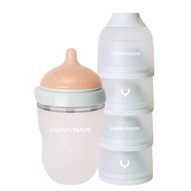 Happymami - Pack Biberon Personnalisable en Forme de Sein + Distributeur de Lait en Poudre, Ensemble d'Alimentation pour Bébé, sans BPA, Double Système Anti-colique, Lavable au Lave-vaisselle