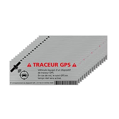 Signalétique.biz France Adhésif - Planche de 16 adhésifs Véhicule Équipé d'un Tracker GPS - Aspect Alu Brossé - Dimensions 85x30 mm - Protection Anti UV