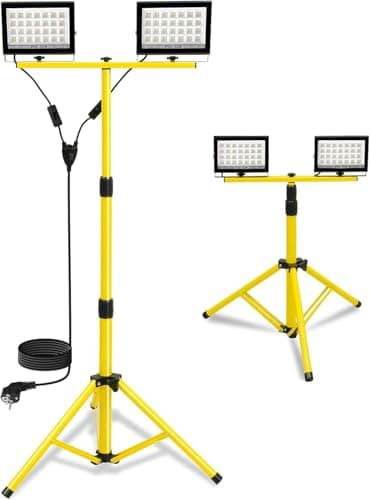 T-SUN 11,000LM Projecteur LED sur Trépieds, 2 x 60W Projecteur de Chantier, Lampes de Travail à LED avec Trépied Télescopique en Métal Réglable, Rotation à 360 °, Câble 4M, Étanche IP66