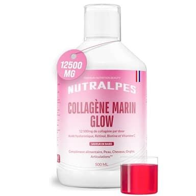 Nutralpes® Collagène marin hydrolysé liquide 12500mg | Glow - Eclat | Acide hyaluronique, rétinol, vitamine C, vitamine D3 | Anti-âge | Peau hydratée, cheveux, ongles | 500ml | Saveurs baies.