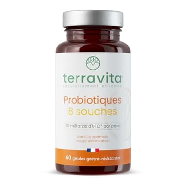 Probiotiques Flore Intestinale | Microbiote et Santé Digestive | 8 Souches Bio-actives dont Lactobacillus Reuteri et Acidophilus | 60 Gélules Gastro-résistantes | Made in France | Terravita