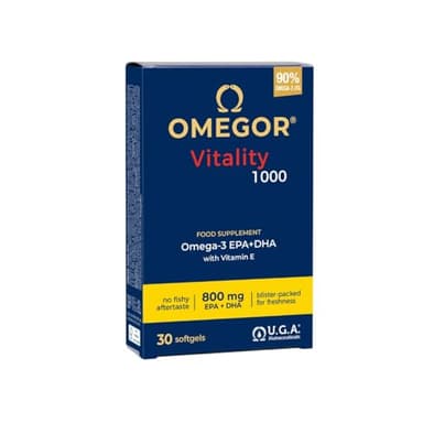 OMEGOR® Vitality 1000 avec 90% d'Oméga-3 rTG! Certifié 5 étoiles IFOS depuis 2006. EPA 535 mg et DHA 268 mg par capsule. Structure min. 90% triglycérides et distillation moléculaire | 30 capsules
