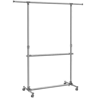 SONGMICS Portant à Vêtements Double Barre, Porte-manteau, Porte-vêtements, Hauteur Réglable de 113 à 180 cm, Barre Centrale Réglable, Argent et Gris LLR401