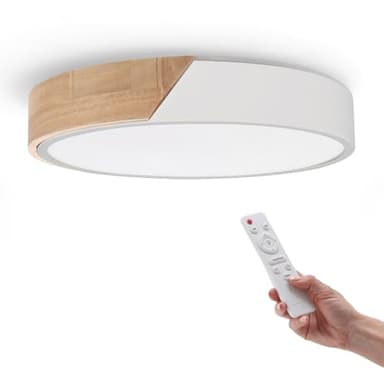 M Ledme - Plafonnier LED Rond Blanc 24W avec Télécommande Réglable 2700K-6500K du Blanc Froid au Blanc Chaud et Intensité 2400LM Design Blanc avec Bois Naturel pour Salle de Bain Cuisine