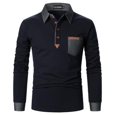 UUAISSO Polo à Manches Longues pour Homme T-Shirt de Poche en Coton avec Coutures Colorées Coupe Ajustée Golf Bleu Marine L