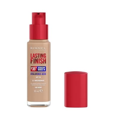 Rimmel London Lasting Finish jusqu'à 35h, 100 Ivory, fond de teint, longue tenue, hydratant, formule vegan, couvrance totale, 30 ml
