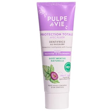 Pulpe de Vie - Dentifrice Certifié BIO 75ml - Au Raisin Sauvé - Goût Menthe - Bouclier Anti-Caries au Fluor - 99% Ingrédients Naturels - Protection Contre la Plaque Dentaire et le Tartre