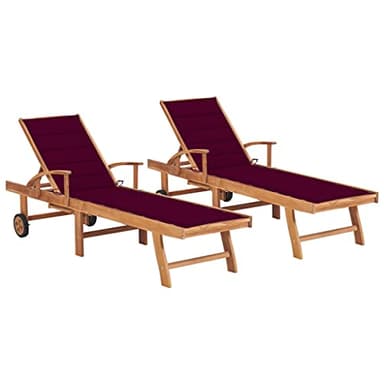 vidaXL Lot de 2 Chaises Longues avec Coussin, Bain de Soleil, Transat de Terrasse, Siège de Jardin Patio Extérieur, Rouge Bordeaux Teck Solide