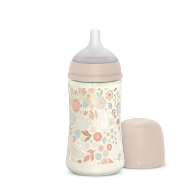 Suavinex, Biberon 270 ml, Biberon avec Tétine Symétrique SX Pro en Silicone à Débit Moyen (M), avec Valve Anti-Colique. Silicone Fin Ultra-Doux. Pour Bébés, +3 Mois, Wonderland Rose Floral