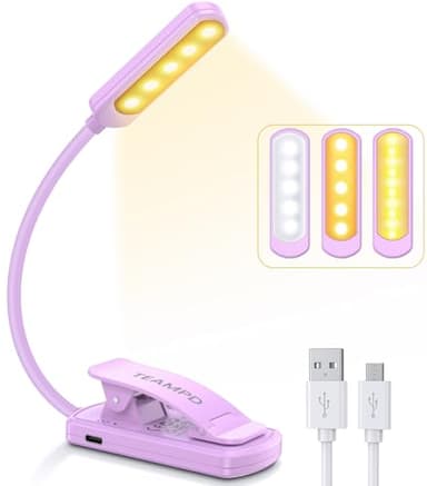 TEAMPD Lampe de Lecture,10 LEDs Liseuse Lampe Clip USB Rechargeable, 360°Cou Flexible, 3 Couleur & 100%-10% à Intensité Variable, Mini Veilleuse pour Lire au Lit,Enfant,Kindle,Voyage,Camping
