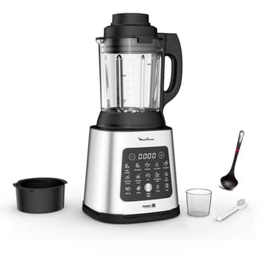 Moulinex Perfectmix Cook blender chauffant à haute vitesse, 10 programmes automatiques, 1400 W, YY5607FG, Noir et Transparent, Métal