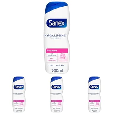 SANEX - Gel Douche Derma Care - Hypoallergénique - 12h d'Hydratation - Peaux Sensibles - 700ml (Lot de 4)