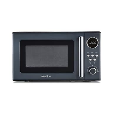 MEDION Micro-ondes rétro (20 litres, env. 800 watts, 5 niveaux de micro-ondes, 8 programmes automatiques, affichage numérique, fonction décongélation, compact, MD15000) gris