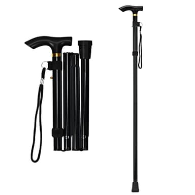 supregear Canne Pliante, Hauteur Réglable à 5 Niveaux Canne de Marche Légère Portable Bâtons de Voyage avec Dragonne et Poignée en T pour Personnes Âgées Handicapées Hommes Femmes, Noir