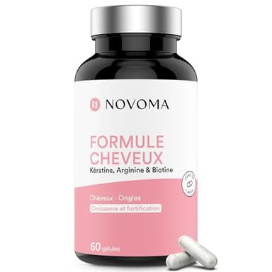 NOVOMA Formule Cheveux, Pousse & Fortification, Complément Alimentaire avec Biotine, Kératine, Sélénium, Zinc & Roquette, Cure de 1 mois, 60 Gélules Vegan, Fabriqué en France