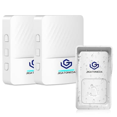 JIGATONEDA Sonnette de Porte sans Fil Auto-alimentée, 300 Mètres Sonnette Sans Fil Étanche Carillon Electronique, Kit de Carillon avec 2 Récepteurs Enfichables, 50 Mélodies et 5 Niveaux Volume