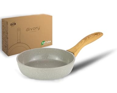DIVORY Poêle en céramique 16cm - Poêle avec revêtement, compatible induction, sans PFAS & PTFE, petite poêle, passe au four & au lave-vaisselle - (Natura, 16 cm)