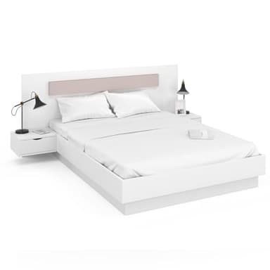 IDMarket - Lit Double Santa avec tête de lit + Tables de Chevet intégrées et sommier 140 x 190 cm Blanc