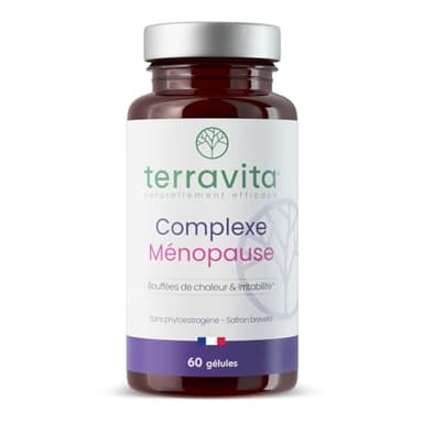 Complexe Ménopause | Sans Hormones | Avec Pollen et Safran Breveté | Bouffées de Chaleur, Fatigue, Stress et Variations d’Humeur | 60 Gélules | Made in France | Terravita