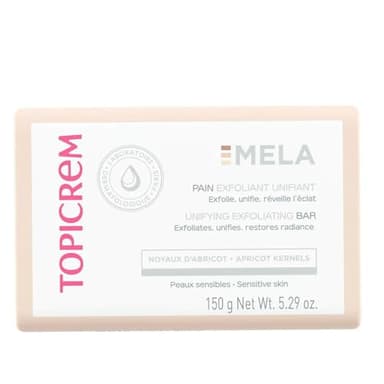 Topicrem - Mela, Pain Exfoliant Unifiant - Unifie le Teint, Exfolie, Réveille l’Éclat - Huile d’Olive, de Coprah et Noyaux d’Abricot - Soin Visage et Corps pour Peaux Sensibles - 150 g