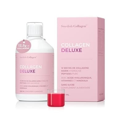 Swedish Collagen Deluxe | Supplément liquide de collagène marin hydrolysé 12 500 mg - 500 ml, 20 jours d'approvisionnement | Acide hyaluronique, biotine et vitamine C pour des cheveux, une peau, des