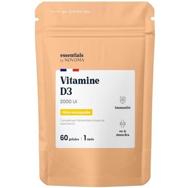 Vitamine D3 2000 UI, Cure de 1 mois, Renforce le Système Immunitaire, 60 Gélules Végétales, Vitamine D D3V® Brevetée et Végétale Micro-Encapsulée, Fabriqué en France, Essentials by Novoma