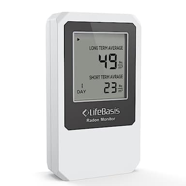 LifeBasis Détecteur de Radon, Radon Gas Detector avec Suivi à Court et à Long Terme pour Maison et Bureau Gamme de 0-18500 Mq/m³, Blanc