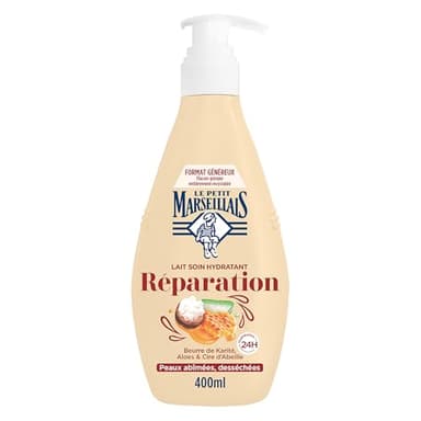 Le Petit Marseillais – Lait Soin Hydratant Réparation (Flacon-Pompe de 400 Ml) – Lait Corps pour Peaux Abîmées et Desséchées Hydratation 24H – Lait Corporel au Beurre de Karité,Aloes et Cire d'Abeille