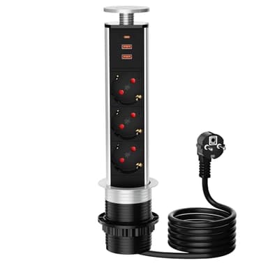 Multiprise Electrique USB C, Prise Encastrable Plan de Travail 3 Prises pour Cuisine ou Bureau, câble 1.8m