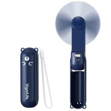 VigorLife Mini Ventilateur Portatif 3-en-1 USB - Ventilateur de Refroidissement Personnel avec Power Bank, Lampe Torche LED - Pliable de Poche pour Voyage, Urgence Extérieure