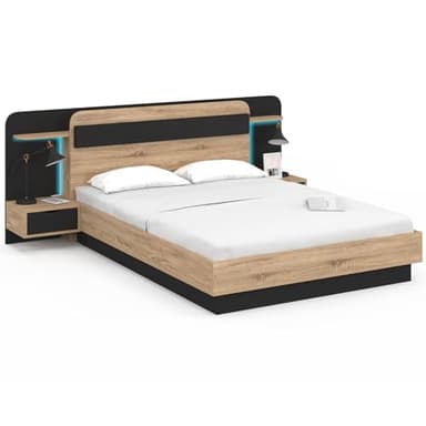 IDMarket - Lit Double Nathan 140 x 190 cm avec tête de lit, chevets Suspendus, étagère, LED et sommier Bois et Noir