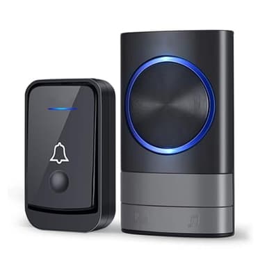 KEWUZY Sonnette sans Fil, IP44 Exterieur Etanche Carillon 400 Mètres, 52 Mélodies et 4 Niveaux Volume, Kit de Carillon avec Récepteurs Enfichables, Voyant LED Bleu, pour Maison, au Bureau (Noir)
