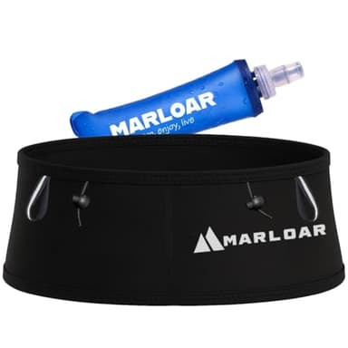 MARLOAR Ceinture Running + Flasque Running 250ml en Cadeau - Ceinture Hydratation Running - Ceinture de Course avec Porte dossard et Porte bâton Inclus pour Le Trail Running, Noir (Black, L)