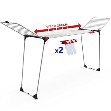 Vileda Infinity Flex Plus Grand Etendoir à Linge - Extensible jusqu'à 2 m - capacité 30 m - Ailes Hautes - Deux Accessoires Porte-Chaussettes - Protégé par Un Emballage en Carton - 2XL