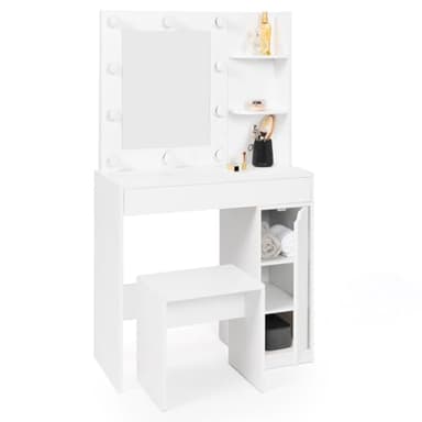 IDMarket - Coiffeuse Zelia Miroir LED avec 1 tiroir, étagères, Caisson de Rangement et Tabouret