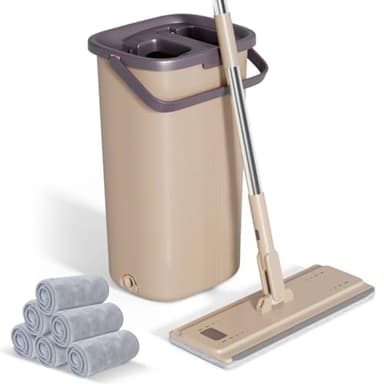 Eukue Serpillère Seau Essoreur, Serpillière Plat Microfibre avec 6 Serpillères Réutilisables, Serpillère et Seau Essoreur avec Manche INOX, Serpillère Seau Balais Nettoyer Sol- Brun