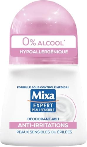 Mixa - Déodorant Bille - 48h Anti-Irritations - 0% alcool* - Hypoallergénique - Pour Apaiser Instantanément les Aisselles Sensibles ou Épilées et les Protéger Durablement