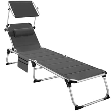 tectake Chaise longue avec toit - Pliable avec oreiller + poche latérale - Pliable - Facile à transporter - Chaise longue de plage pliable pour jardin, chaise longue de camping - Gris