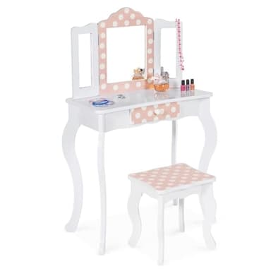 IDMarket - Coiffeuse Enfant Roza Blanche et Rose avec 3 miroirs et Tabouret