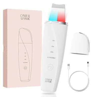 CARER SPARK Épurateur de Peau Ultrasonique - Spatule Visage à Ultrasons EMS Ions Lumière Rouge et Bleue, 4 Modes pour Nettoyage en Profondeur Élimination des Points Noirs Exfoliation Douce