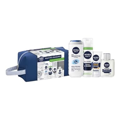 NIVEA MEN - Trousse Sensitive - Gel Douche 3-en-1 (250 ml) + Mousse À Raser (200 ml) + Baume Après-Rasage (100 ml) + Crème Visage FPS 15 (75 ml) - Routine Apaisante Corps & Visage - Peaux Sensibles