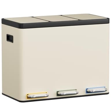 Clevich Système de tri sélectif 3 x 15 l en acier, poubelle à 3 compartiments avec pédales à code couleur, poubelle avec couvercles à fermeture douce et seaux intérieurs, beige