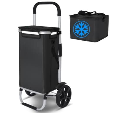 VOUNOT® Chariot de Courses 2 Roues en Aluminium avec Compartiment Impermeable Caddie de Courses Pliable 3 en 1 avec Sac Isotherme Individuel Sac Chariot Noir 58L