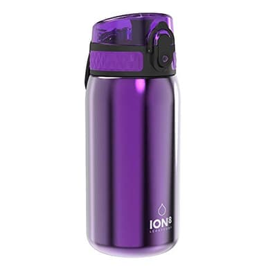 Ion8 Gourde Enfant, Inox Léger, 400ml, Non Isolé, Anti-Fuite, Facile à Ouvrir, Verrouillage Sécurisé, Lavable au Lave-Vaisselle, Poignée de Transport, Acier Inoxydable, Violet