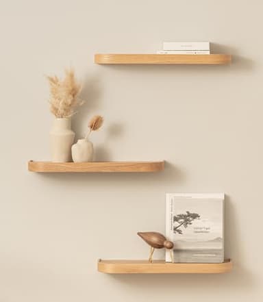 Kazai.® Étagère Murale Set 'Toke' | 3 Tablette Murale en Placage Bois Véritable | Étagère Flottante pour Décoration Murale et Rangement en Salle de Bain, Salon, Cuisine, Chambre et Plus | Chêne