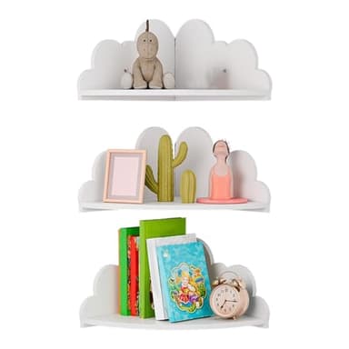Sucritude 3 Pièces Etagere Murale Nuages Chambre Bebe, Étagère Murale d'angle en Bois, Support D'exposition pour Décoration D'intérieur, Livres, Jouets, Chambre À Coucher, Chambres De Bébé