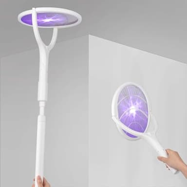 Feloyal Raquette Anti Moustiques Électrique, 3500V Rotative Raquette Electrique Insectes Extension Télescopique Tapette Anti-Moustiques Lampe Rechargeable 1200mAh avec Base pour Intérieur Extérieur