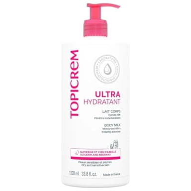 Topicrem - Ultra Hydratant Lait Corps - Hydrate 48h, Relipide, Protège la Peau - Texture Onctueuse, Odeur Délicate - Crème Hydratante pour Peaux Sensibles - Fabrication Française - 1L